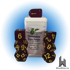 SET OF 15 DICE: TRANSLUCENT DARK PURPLE/YELLOW ARCH'D4